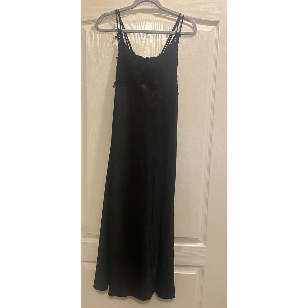 Flora Slip Dress‎ Black Satin Floral Lace Applique Midi Double Strap Sleeveless